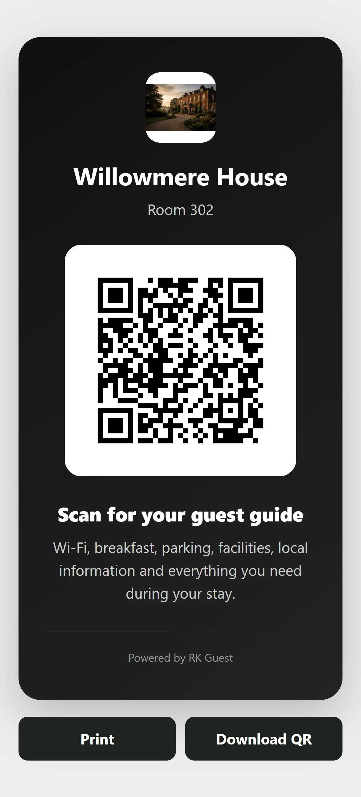 Willowmere House Room 302 RK Guest QR card.