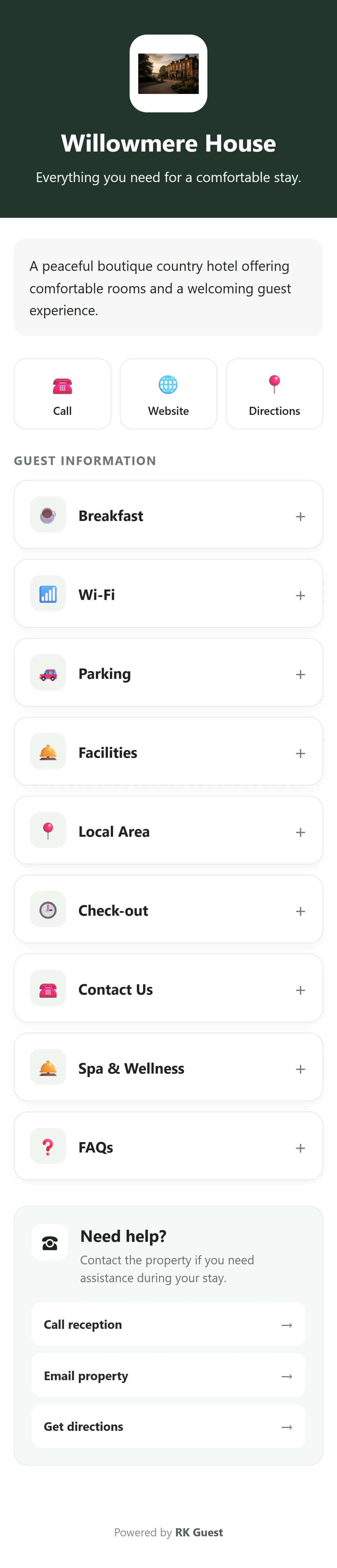 RK Guest digital guest guide for Willowmere House shown on mobile.