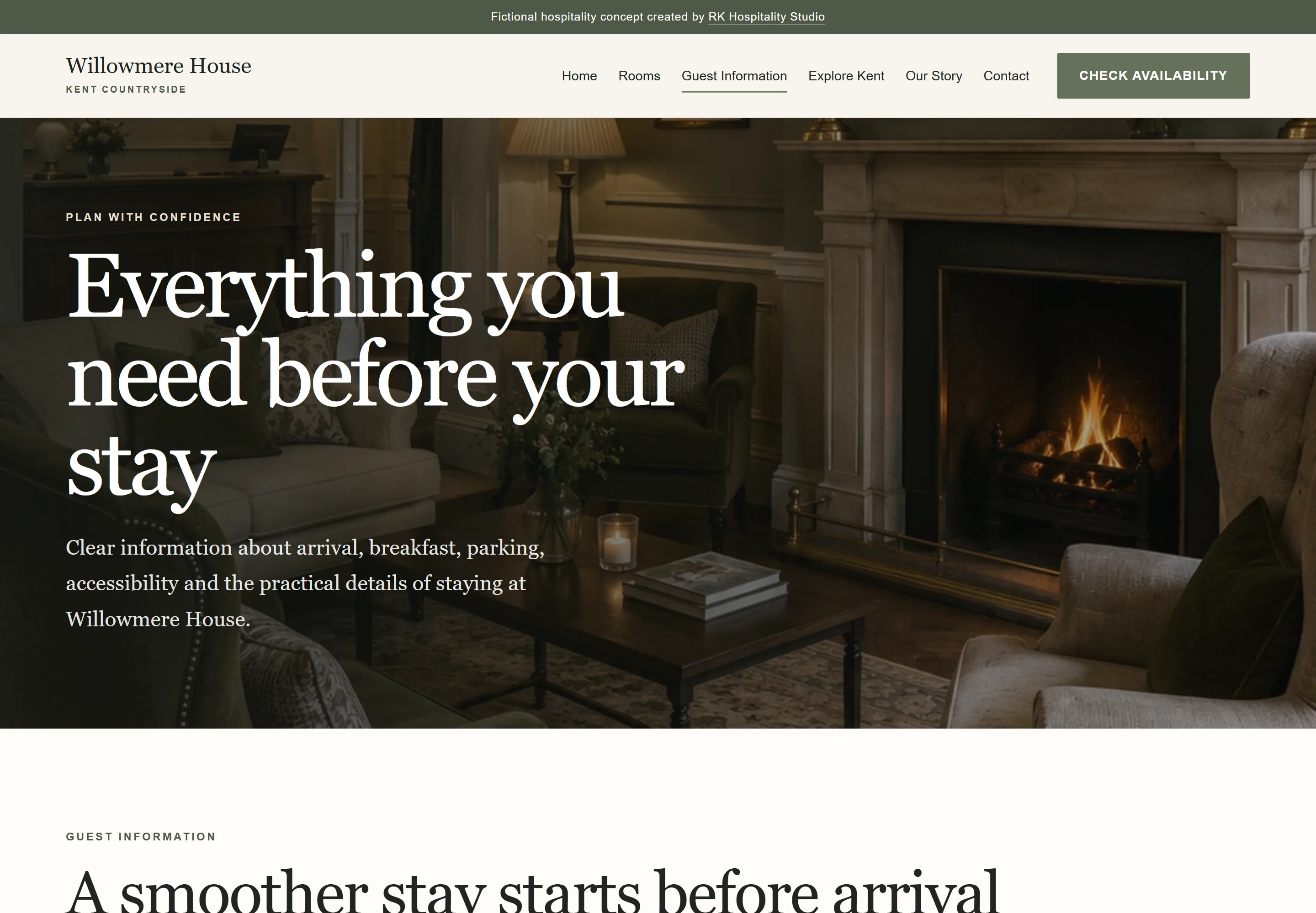 Willowmere House guest information page with practical stay details.