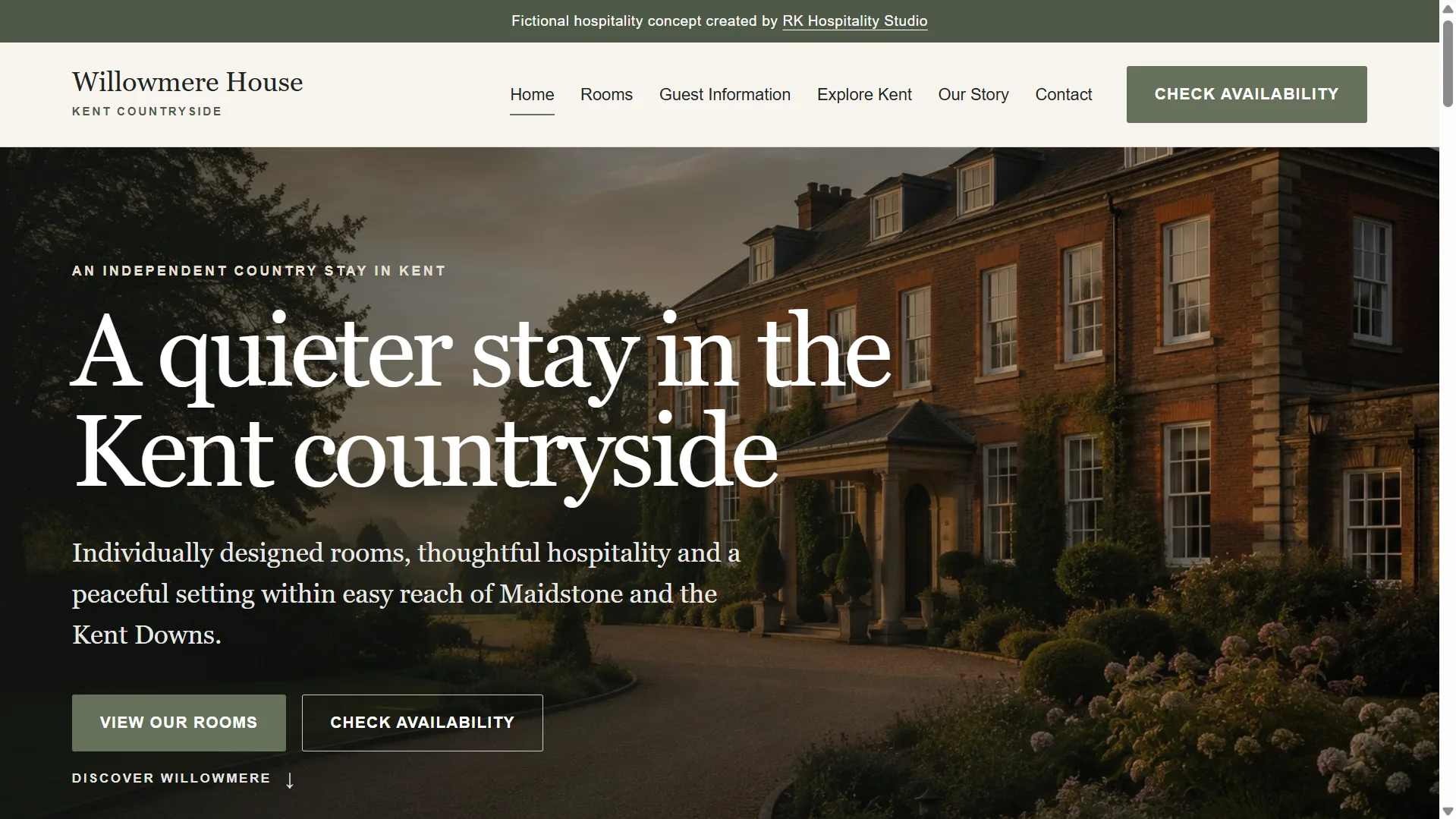 Willowmere House boutique hotel homepage presented on desktop.
