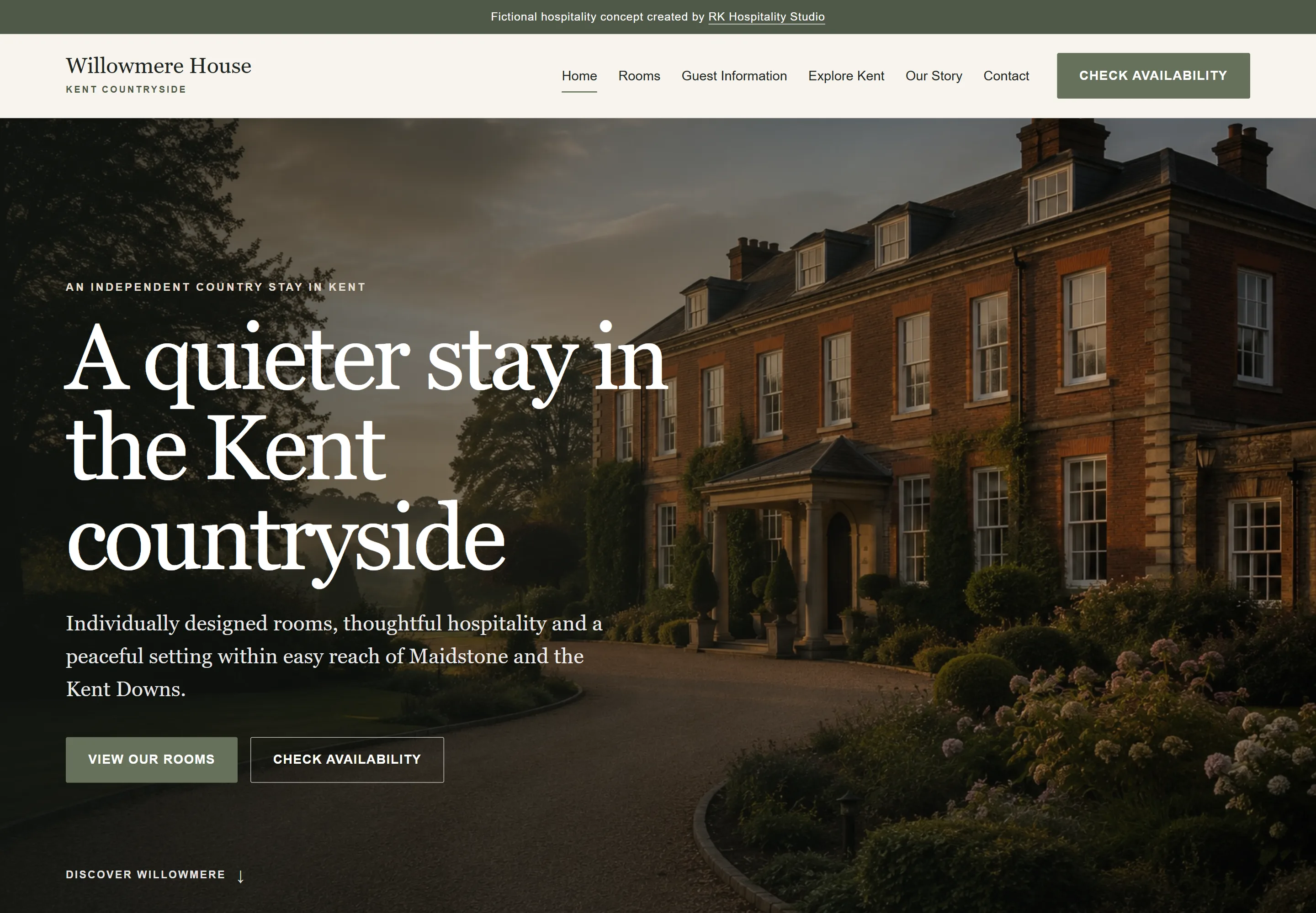 Willowmere House homepage showing the main hotel introduction and booking-focused presentation.
