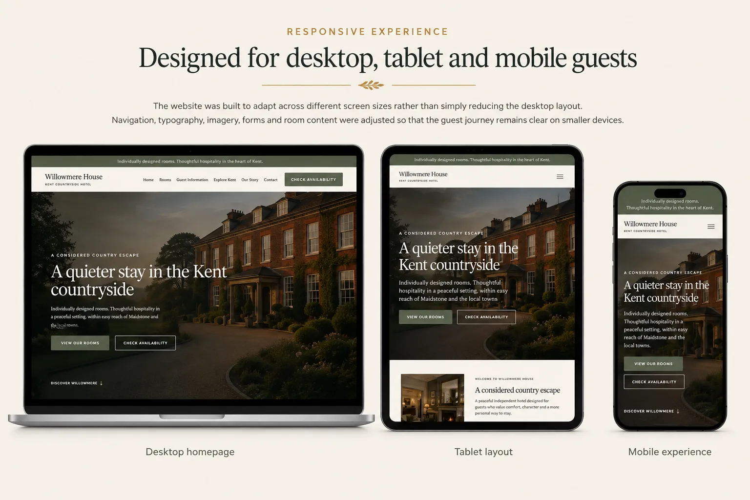 Responsive Willowmere House hotel website shown on desktop, tablet and mobile devices.