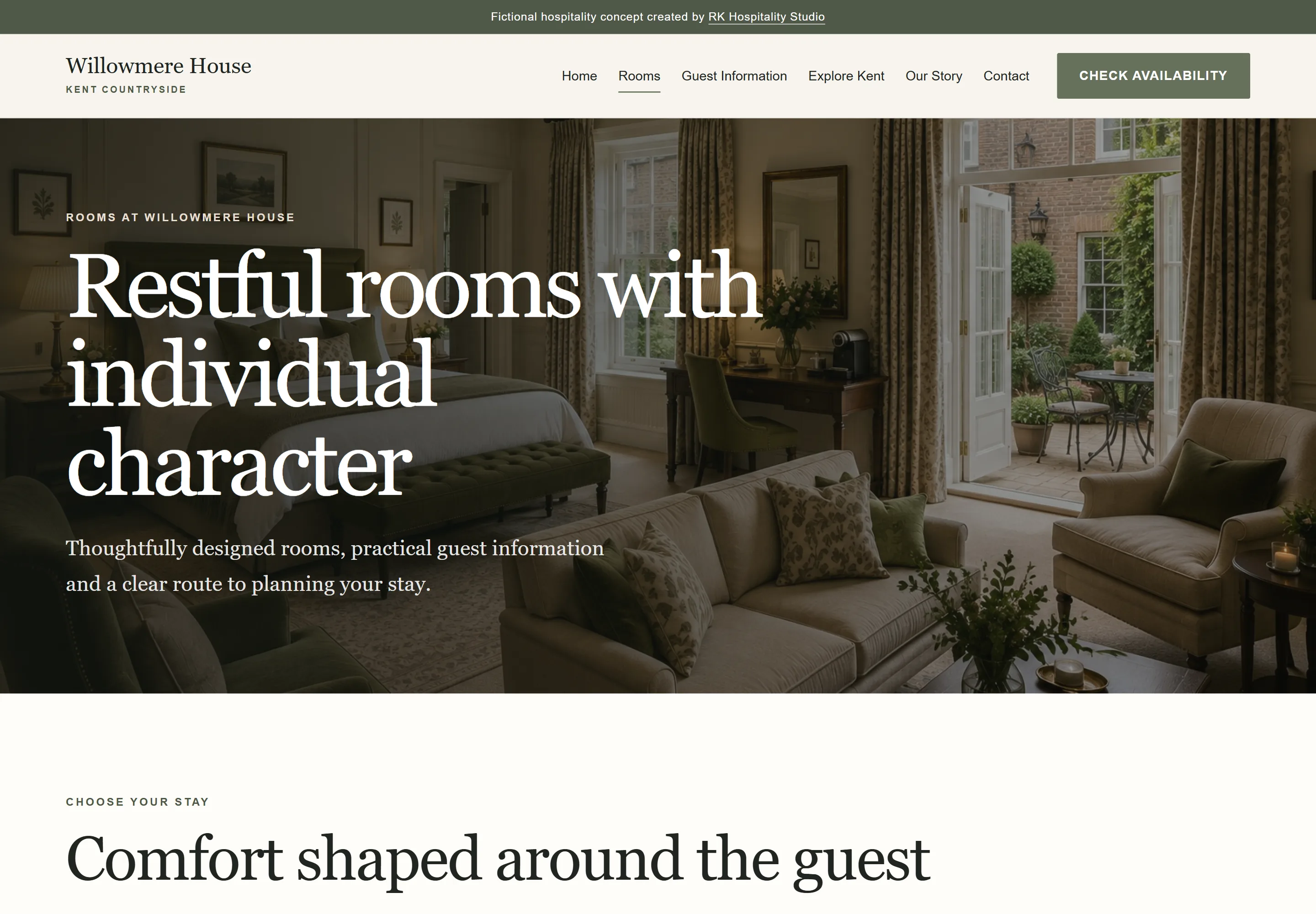 Willowmere House rooms page presenting accommodation options and room information.